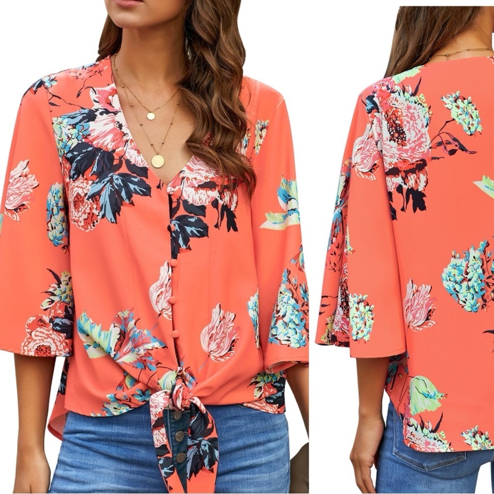 Lookbook Store V Neck Orange Floral Tie Knit Button Down Blouse Top